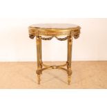 Gilded Louis XVI style side table with marble top on fluted legs connected by rules, 82 x73 x 53