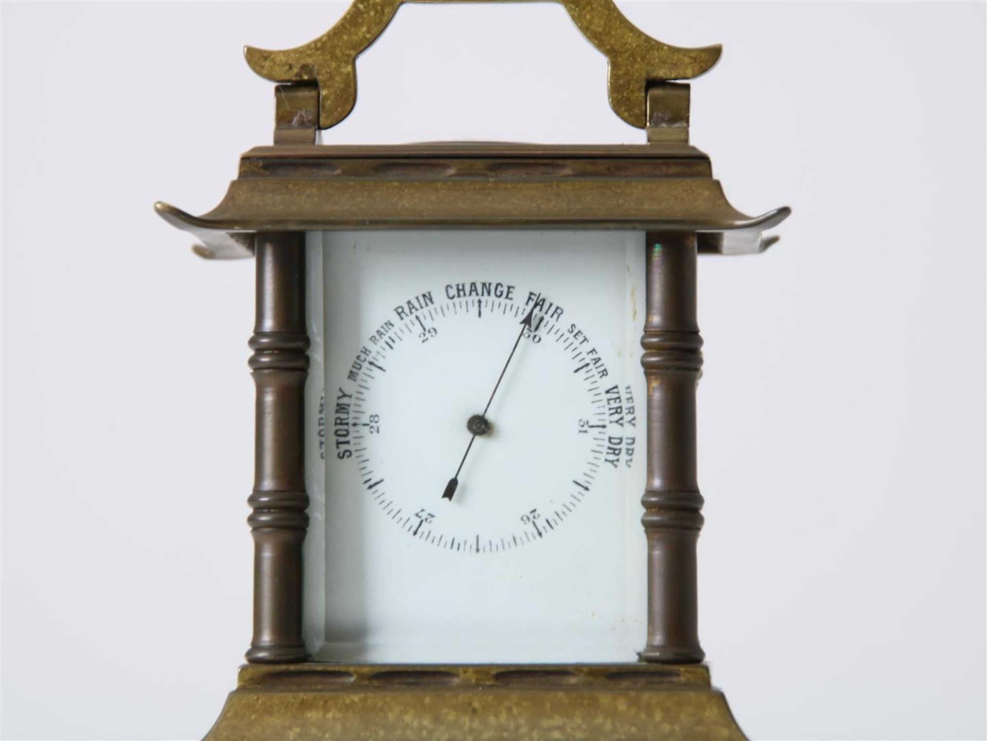 Gilt brass 'compendium' travel clock crowned with weather station, with white enamel dial with Roman - Image 3 of 7