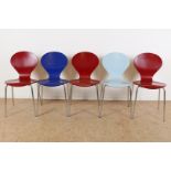 Series of 5 different colored Danerka Rondo chairs, designed by Erik Jørgensen.