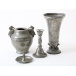 Lot of an Art Deco pewter vase on an openwork base, ashtray, candlestick and vase with Cockatoos,