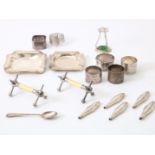 Lot of silverware including ashtray, knife rest, loose tooled handles, holder, various quality,