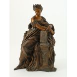 Zamak sculpture of a seated lady on a pillar leaning on a book, France, ca. 1880/90, height 41 cm.
