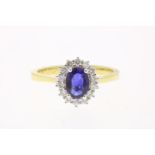 Bicolor gold entourage ring centrally set with a sapphire, approximately 0.70 ct. in an entourage of