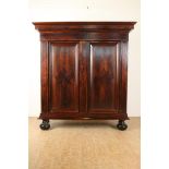 Mahogany with rosewood Baroque notary cabinet with straight hood, 2 doors on pole legs inlaid with