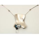 LAPPONIA, silver necklace with matted silver pendant with acrylic accent of enclosed bells, 'Otus