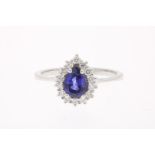 White gold entourage ring, centrally set with sapphire, approximately 0.70 ct. in an entourage of
