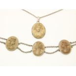 Silver necklace with three lava cameos with images of goddesses in profile, including a silver