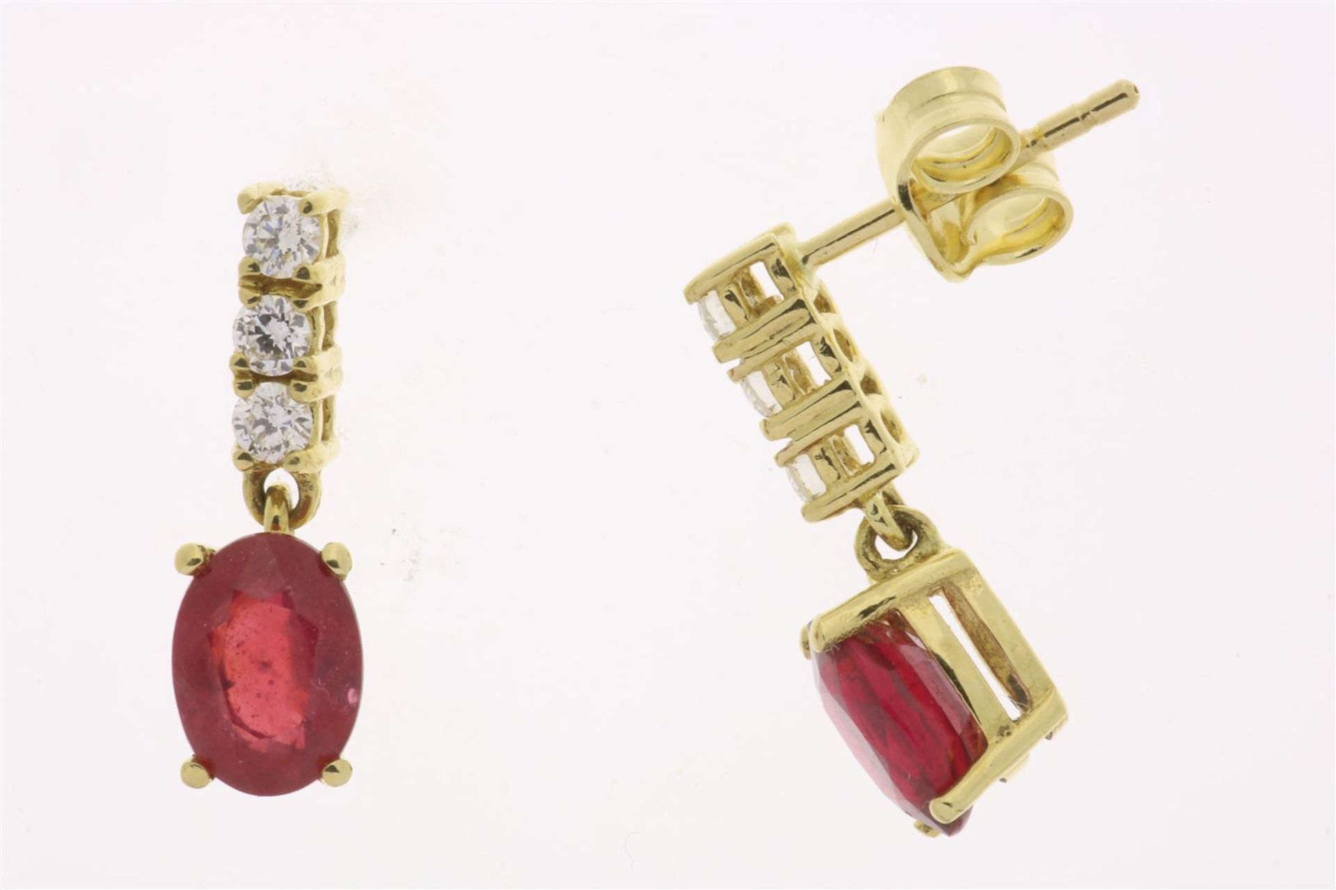 Yellow gold ear hangers with ruby and diamond