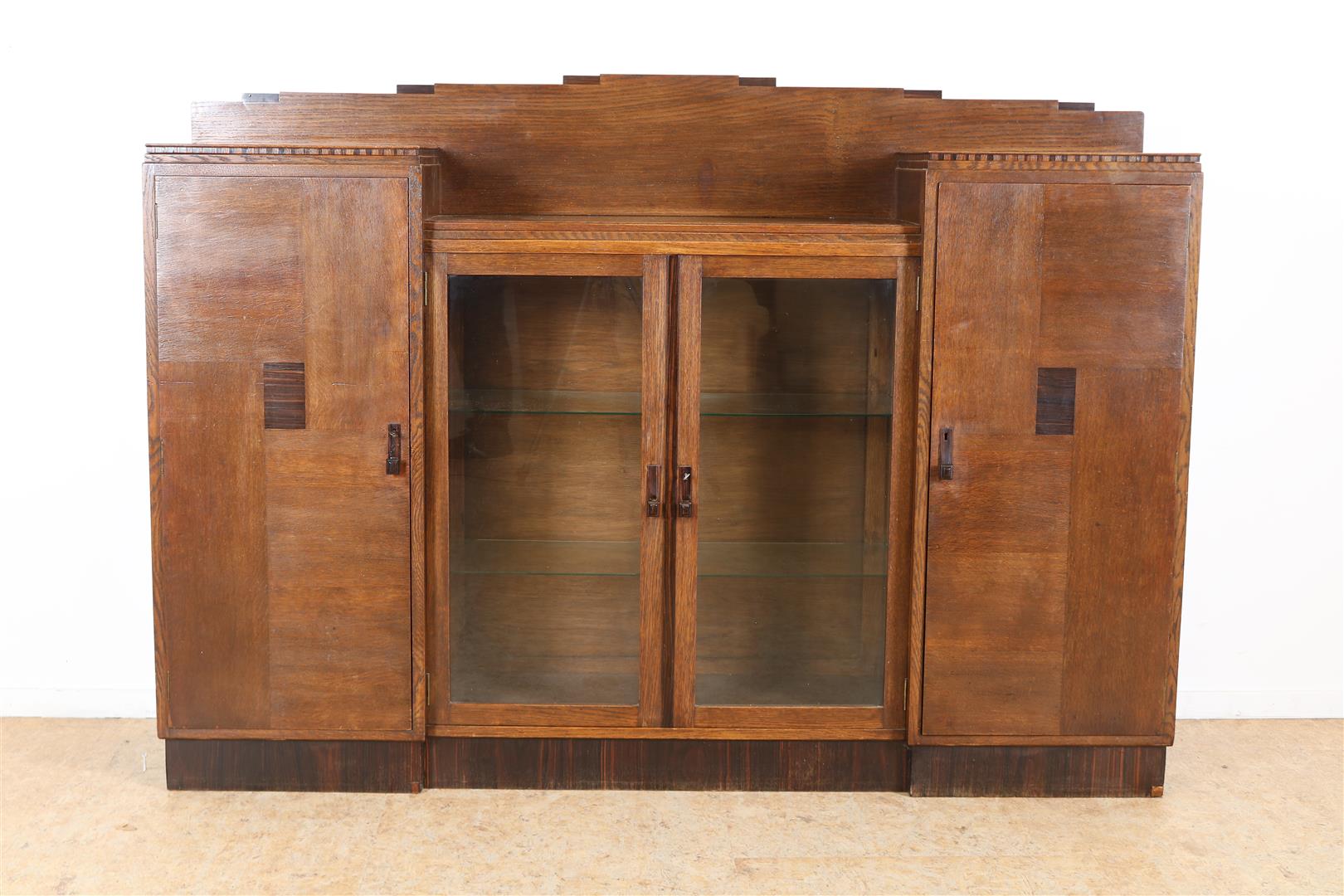 Oak Amsterdam school sideboard with upstand, 2 panel doors and 2 glass display doors with coromandel