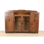 Oak Amsterdam school sideboard with upstand, 2 panel doors and 2 glass display doors with coromandel