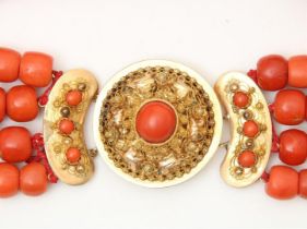 4 strand red coral necklace with beads, Zeeuws-Vlaanderen