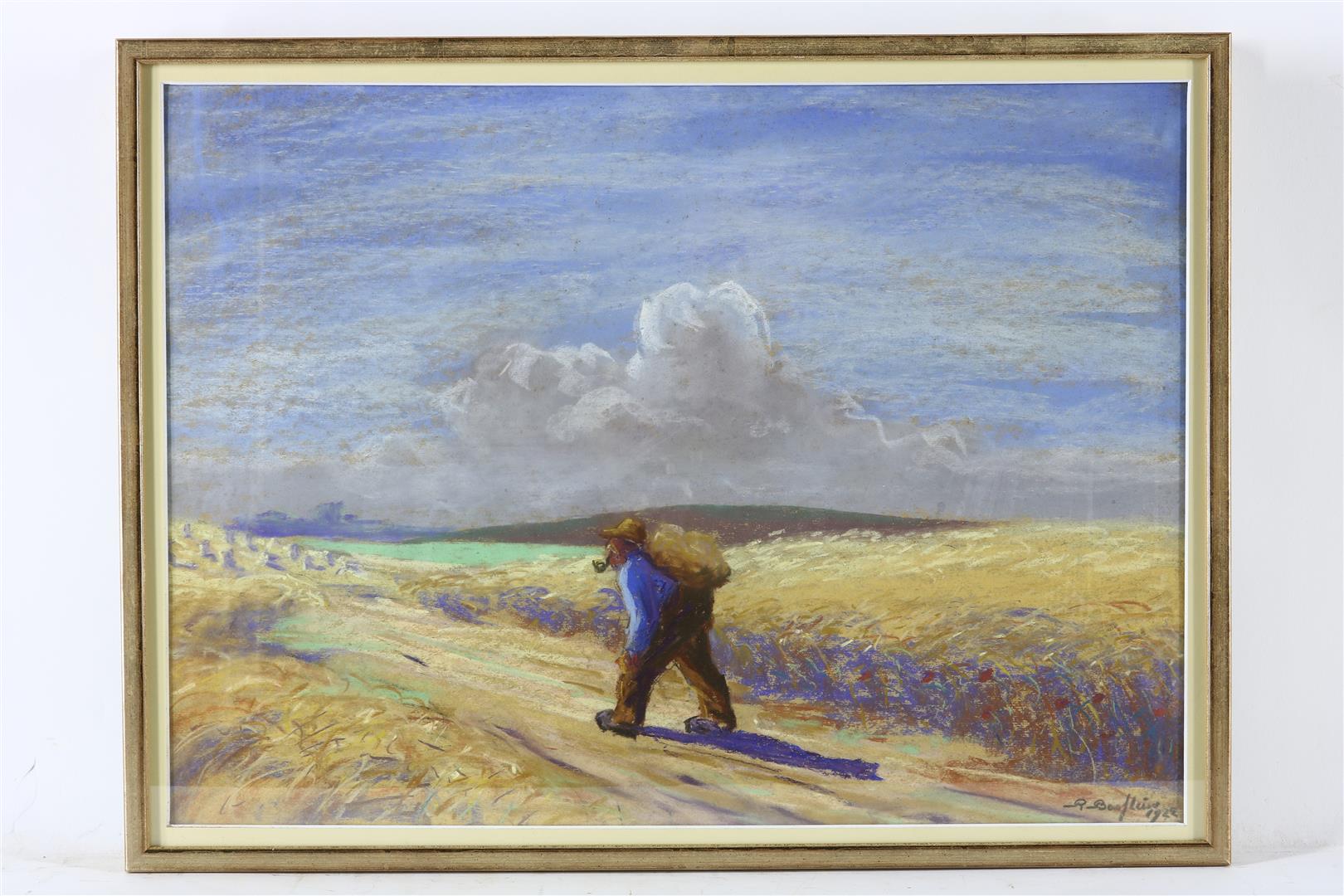 Farmer and man plowing along the cornfields, unclearly signed and dated 1922 lower right, gouache 40 - Image 6 of 8
