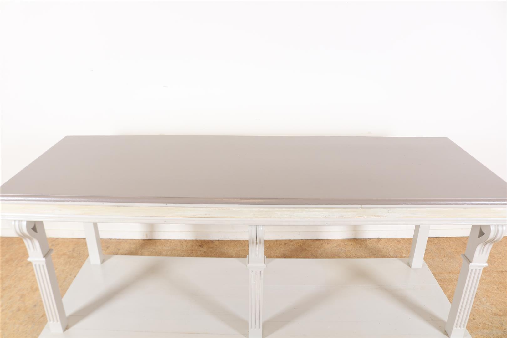 Oak white-painted side table with gray painted top on 6 block legs connected by platform, 82 x 200 x - Image 2 of 5