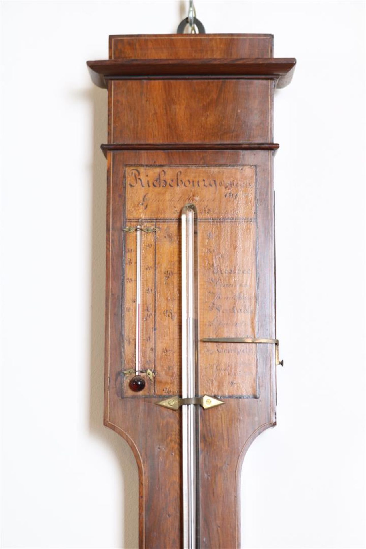 Stick barometer with mercury barometer, mercury thermometer and painted scale plate, address - Image 2 of 4