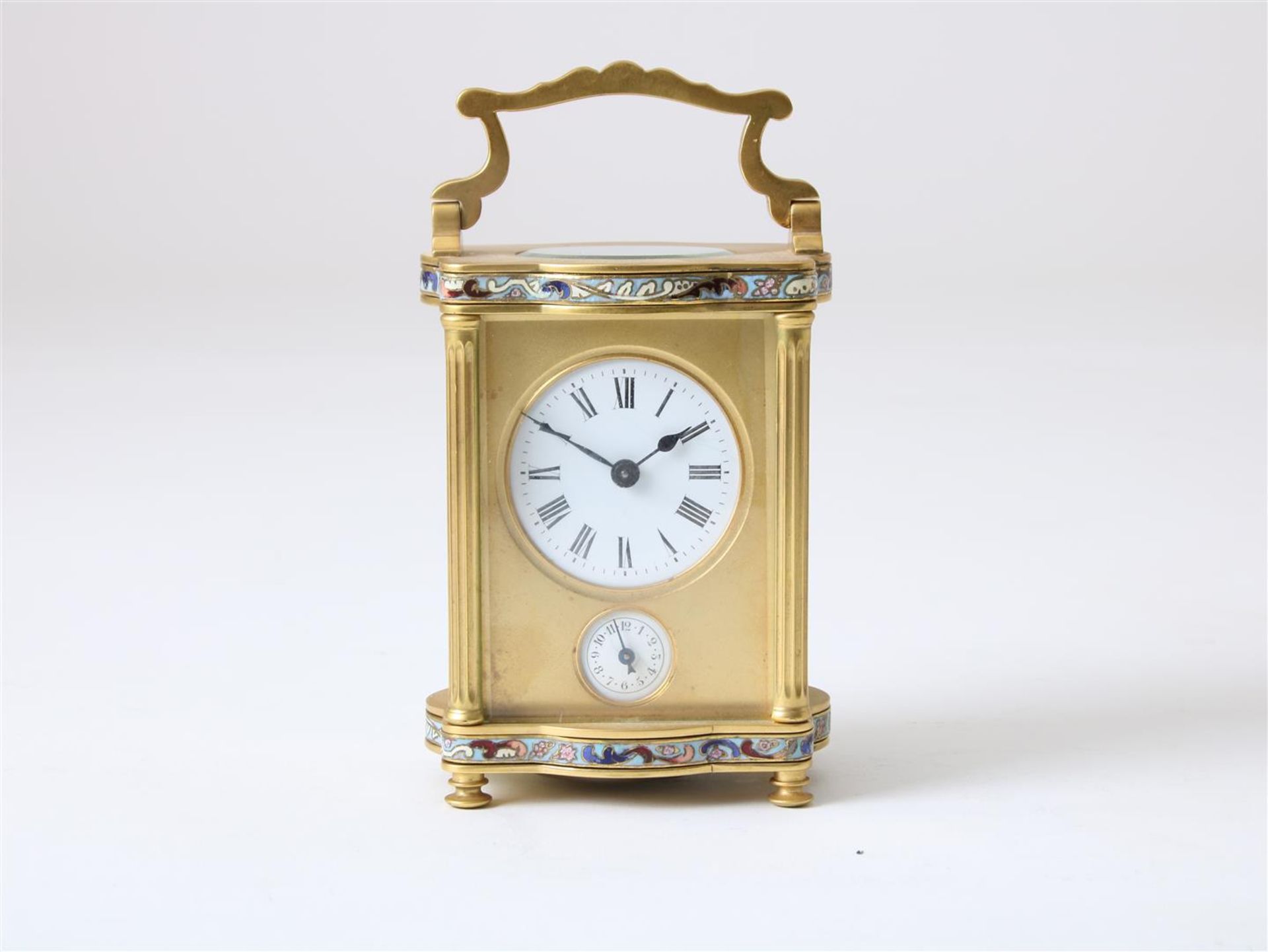 Gilt brass travel clock with enamel dial with Roman numerals, alarm clock with Arabic numerals, with