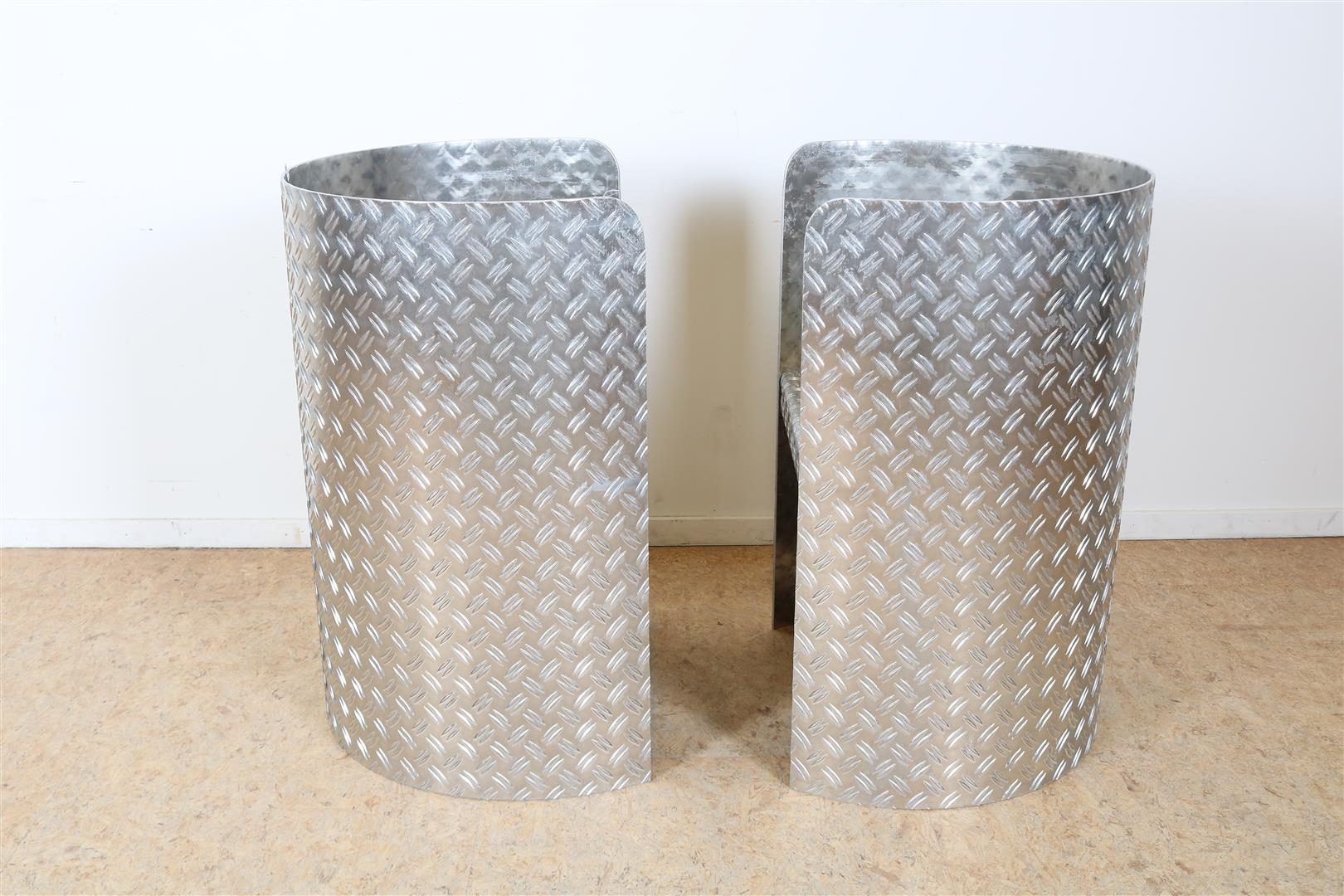 Set of cylindrical aluminum diamond plate design bucket seats with fabric fruit cushions. - Image 3 of 4