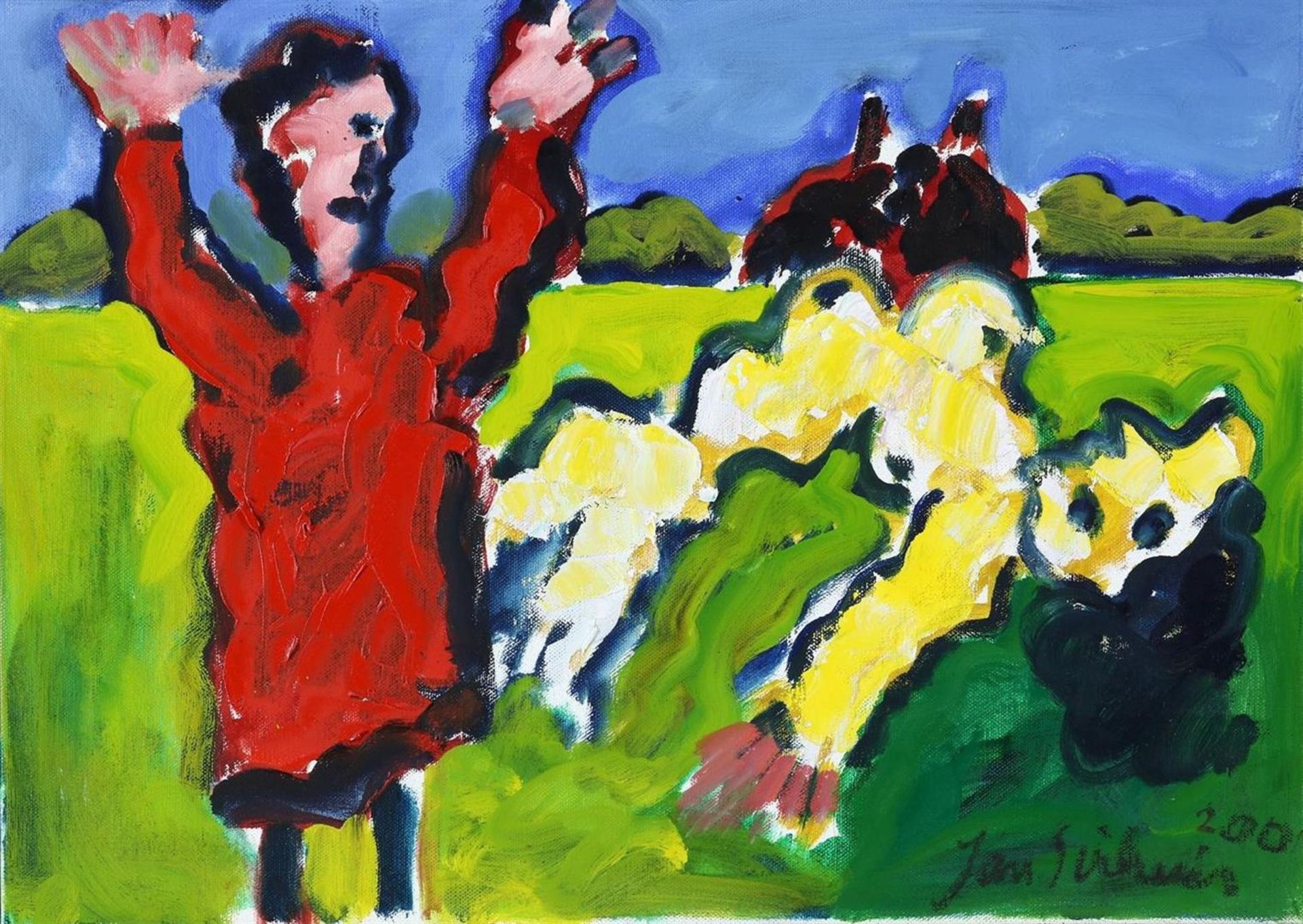 Jan Sierhuis (1928-2023) Figures in landscape, signed lower right and dated 2000, canvas 50 x 70