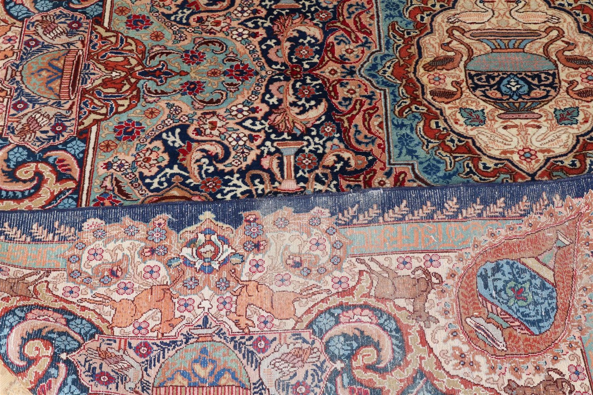 Carpet, Kaschmar 340 x 245 cm. with decorations of flora and fauna, deer, birds and flower vases. - Image 4 of 4