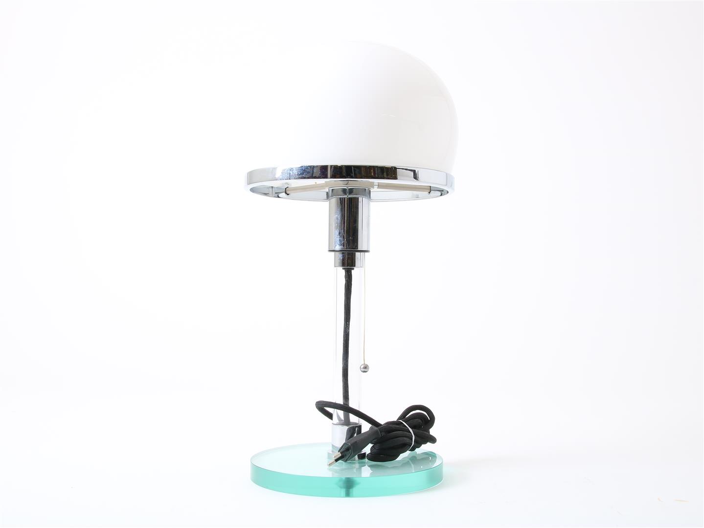 Table lamp on plexiglass base with opaline shade, Bauhaus style, height 45 cm.