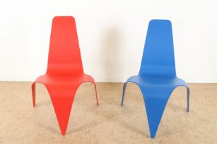 Set of red and blue metal design chairs