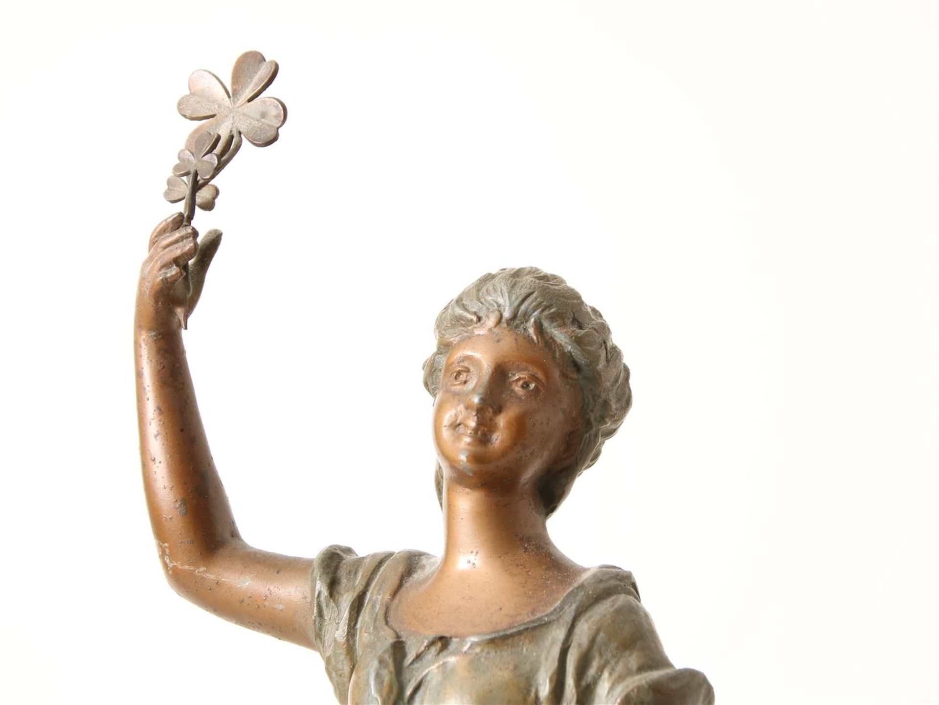 Partly alabaster mantel clock topped with zamak lady, height 57 cm. Includes 2 five-light - Image 5 of 6