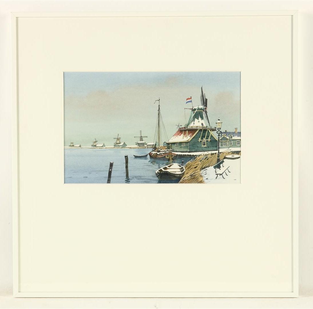 Gerrit Neven (1939-) De Zaan, signed with initials lower right. Watercolor on paper, 20 x 32 cm. - Image 2 of 4