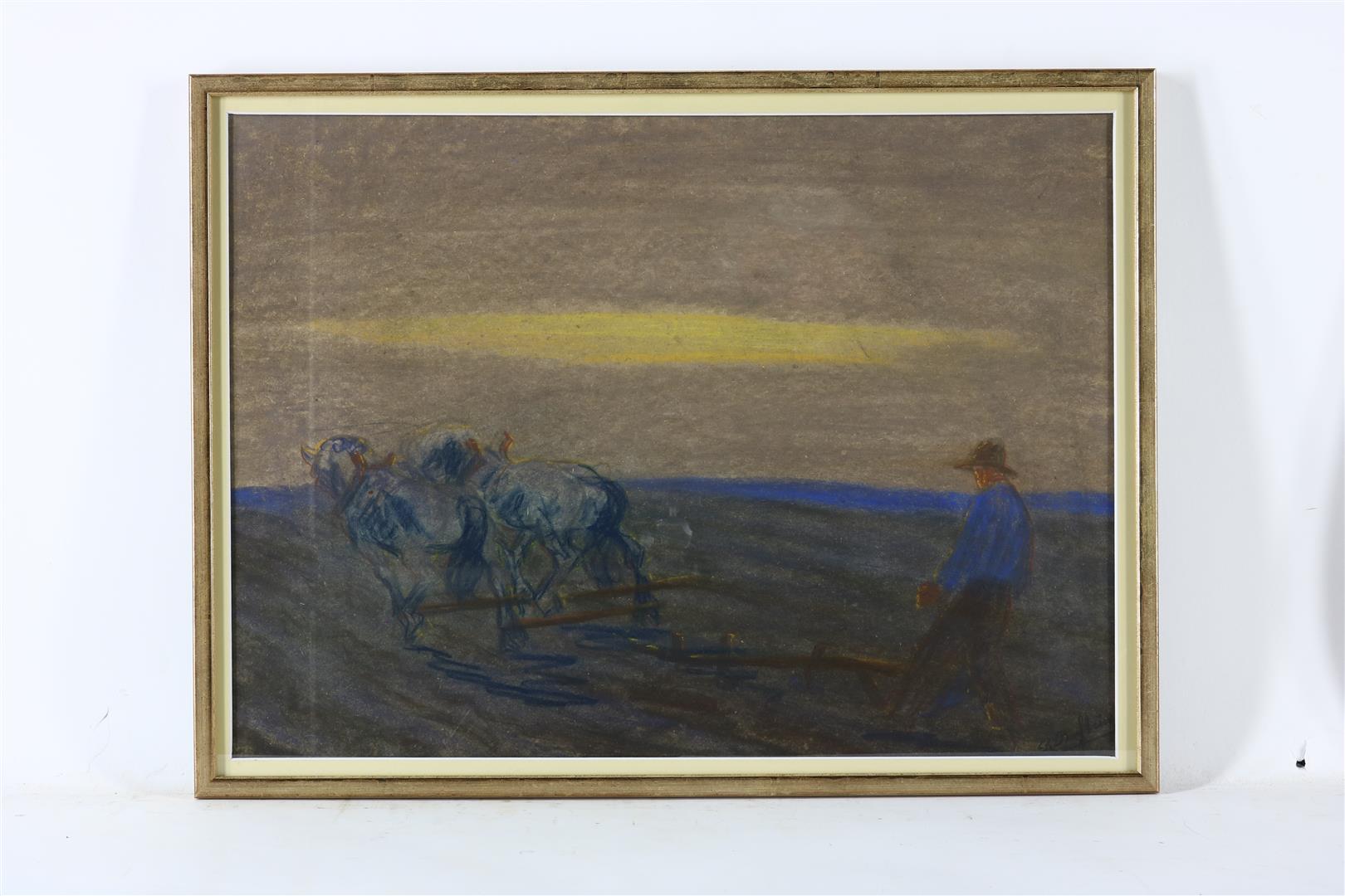 Farmer and man plowing along the cornfields, unclearly signed and dated 1922 lower right, gouache 40 - Image 2 of 8