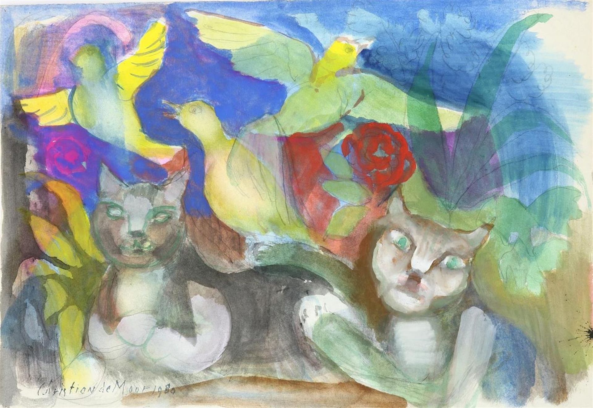 Christian de Moor (1899-1981) Figurative with cats and birds, signed and dated 1980 lower left,