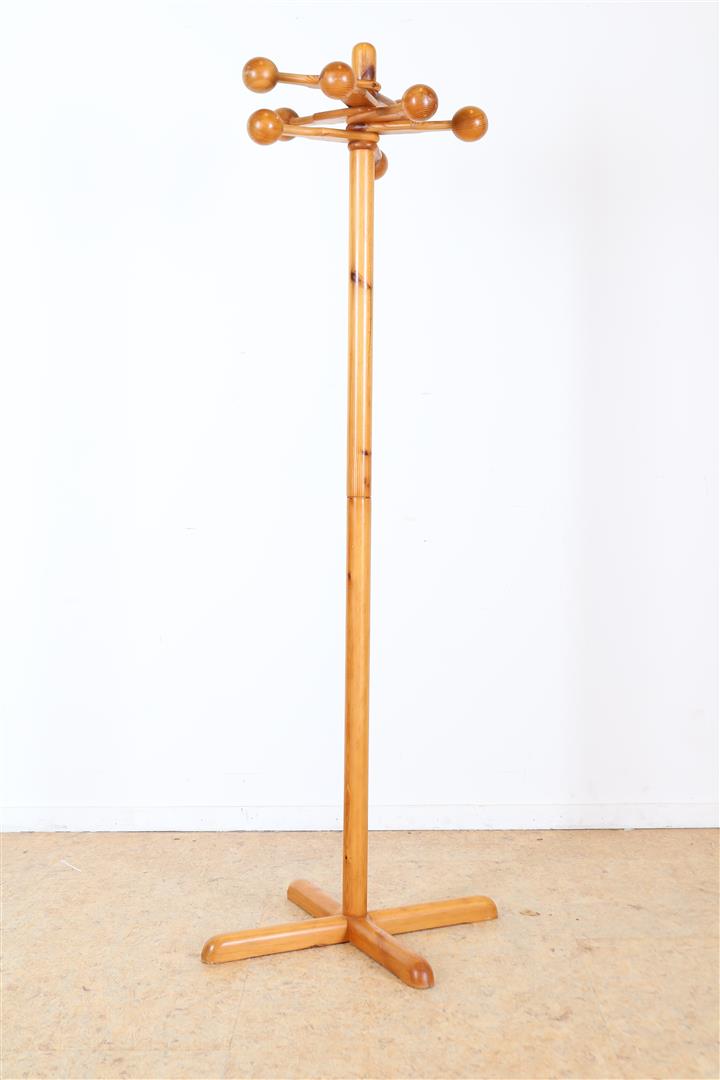 Pine vintage standing coat rack with adjustable arms and spheres, Sweden 1970s, in the style of