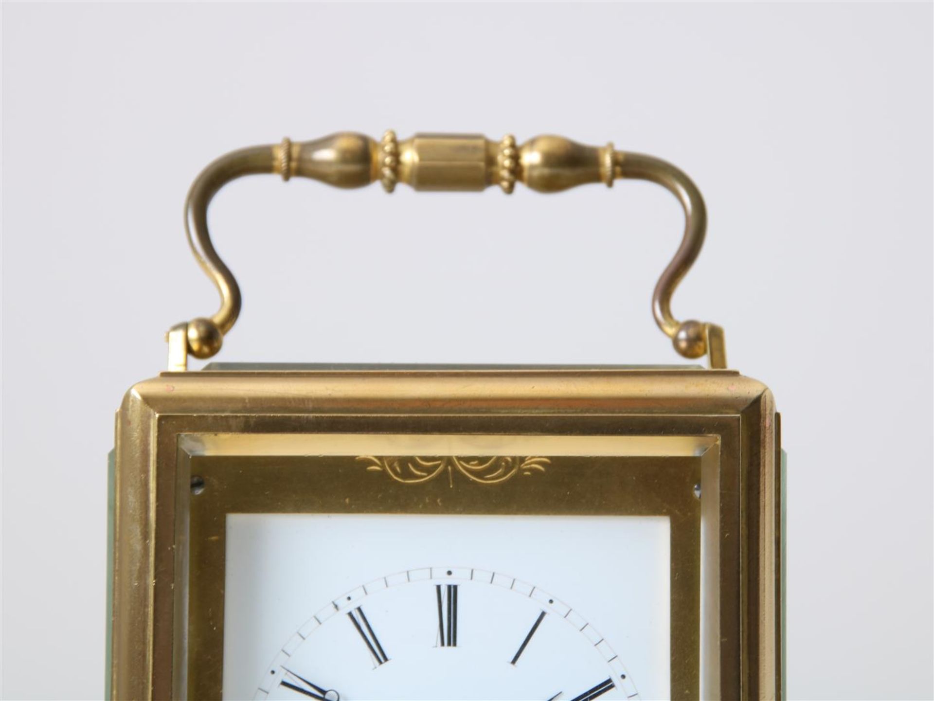 Gilt brass travel clock 'one-piece' with 'Jules escapement', enamel dial with Roman numerals, - Image 3 of 8