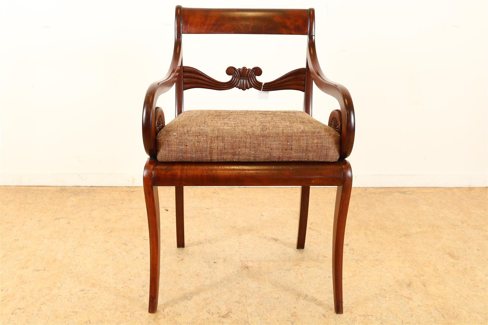 Mahogany Empire office chair with fabric seat, late 19th century.