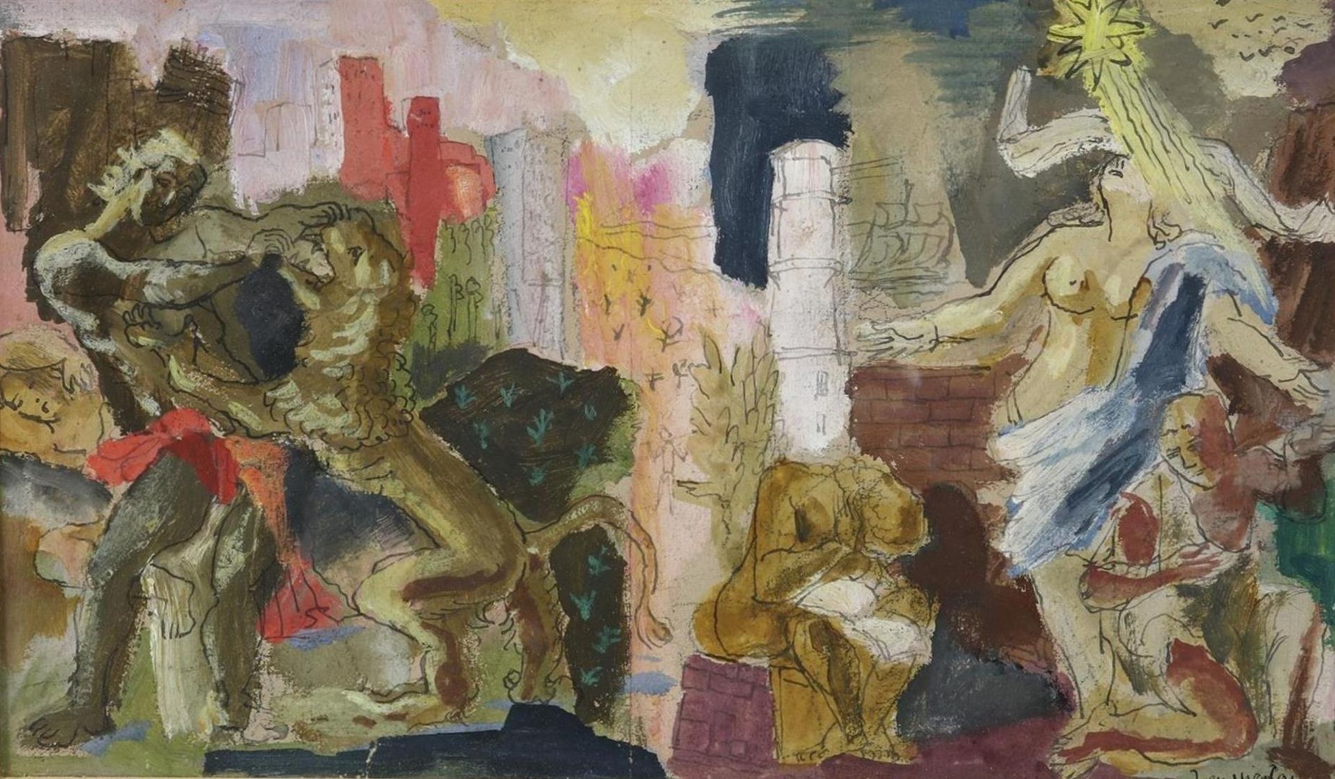 Joep Nicolas (1897-1972) Mythological figures, signed lower right, gouache 21 x 36 cm.