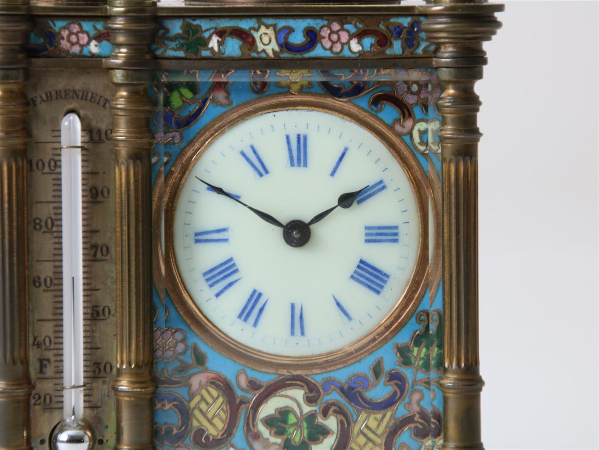 Gilt brass double 'compendium' travel clock, equipped with enamel dials with Roman numerals, - Image 2 of 8