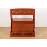 Red lacquer elm wood dowry stacking box with 3 stacking bins and a removable lid with painted