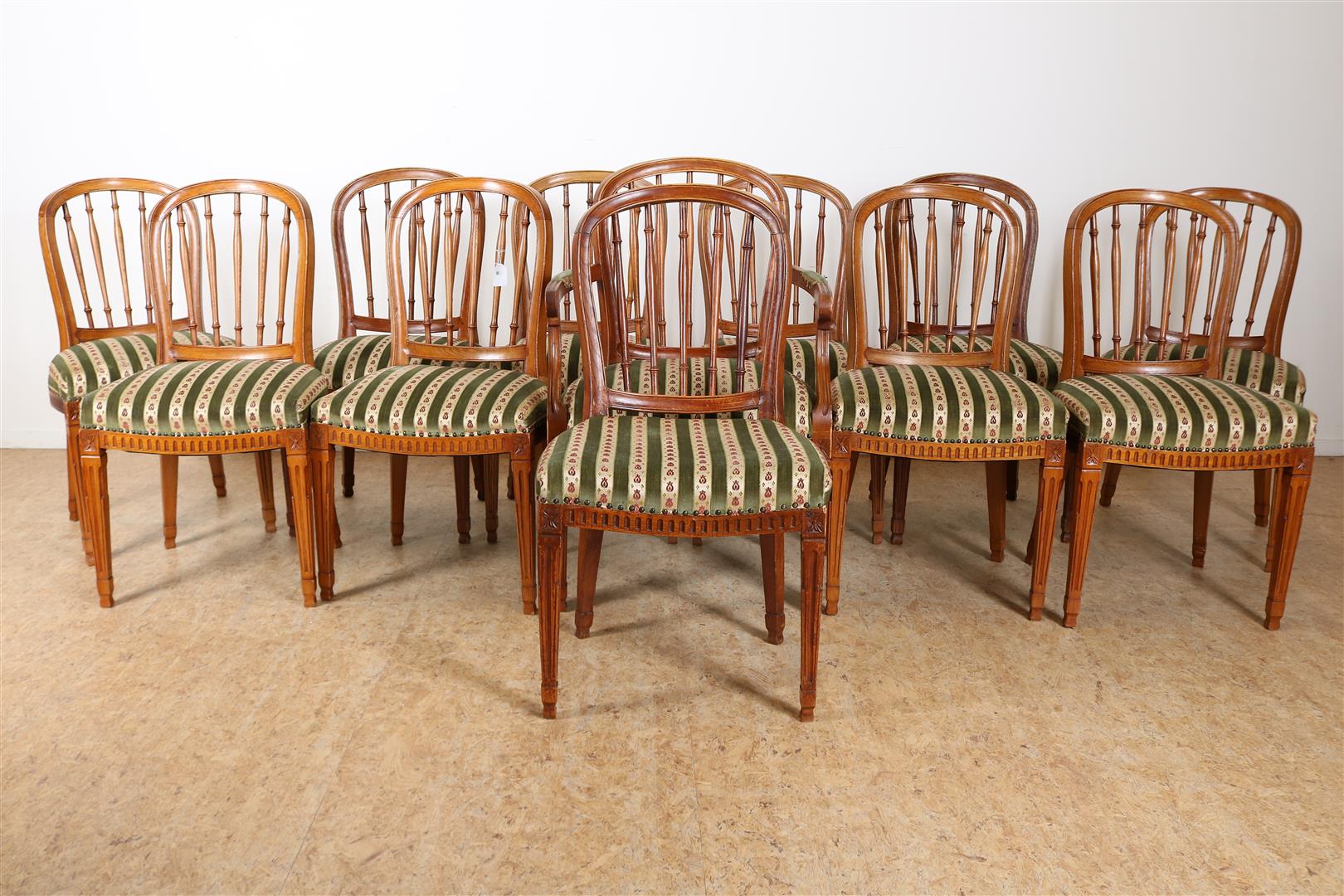 Series of 12 elm wood Louis XVI  chairs with horseshoe-shaped bars backrest and striped velvet