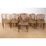 Series of 12 elm wood Louis XVI  chairs with horseshoe-shaped bars backrest and striped velvet