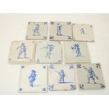 Lot of 9 various earthenware blue-white tiles