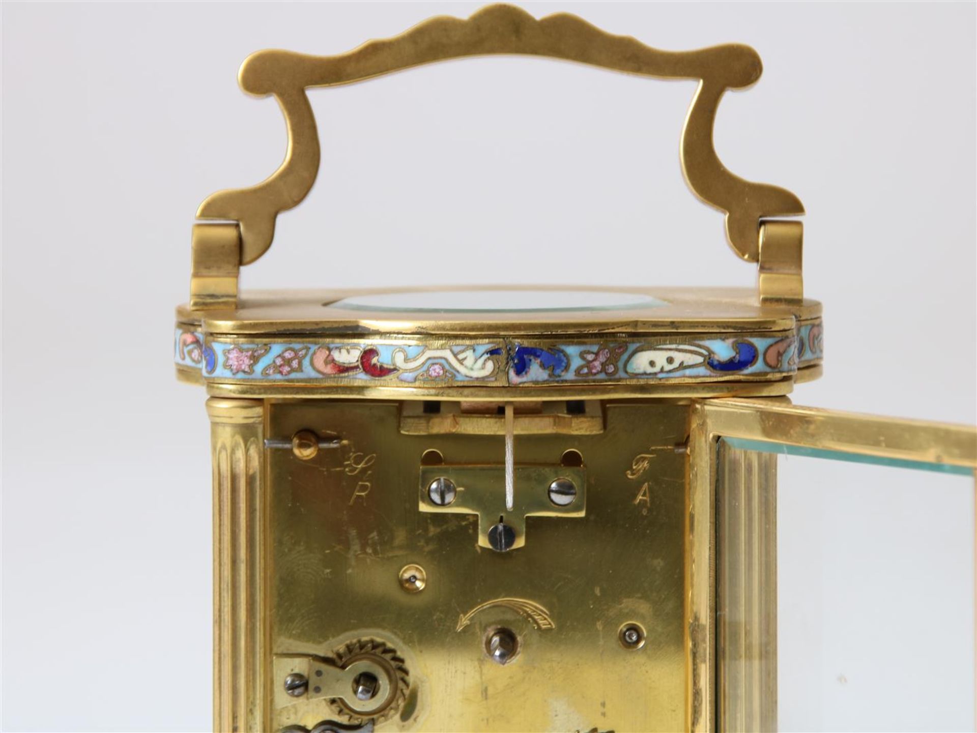 Gilt brass travel clock with enamel dial with Roman numerals, alarm clock with Arabic numerals, with - Image 6 of 7