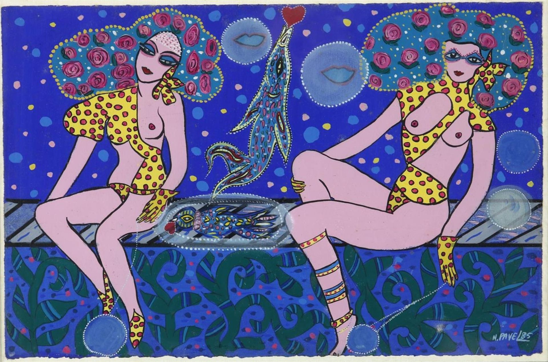 Natacha Pavel (1946-) Two women, signed lower right and dated '85, gouache, 33 x 50 cm.