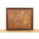 Wall decoration depicting figures at the table (in poor condition) in a richly carved oak frame with