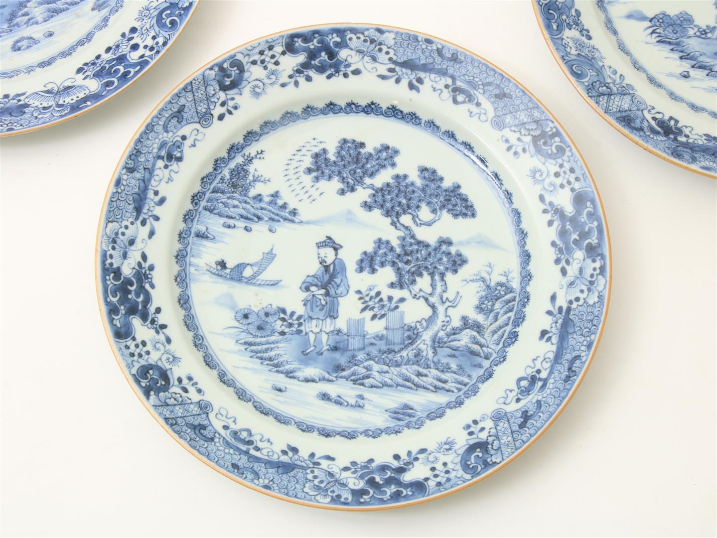 A set of 3 porcelain dishes decorated with a figure next to river, China 18th century, Qianlong, - Image 2 of 6
