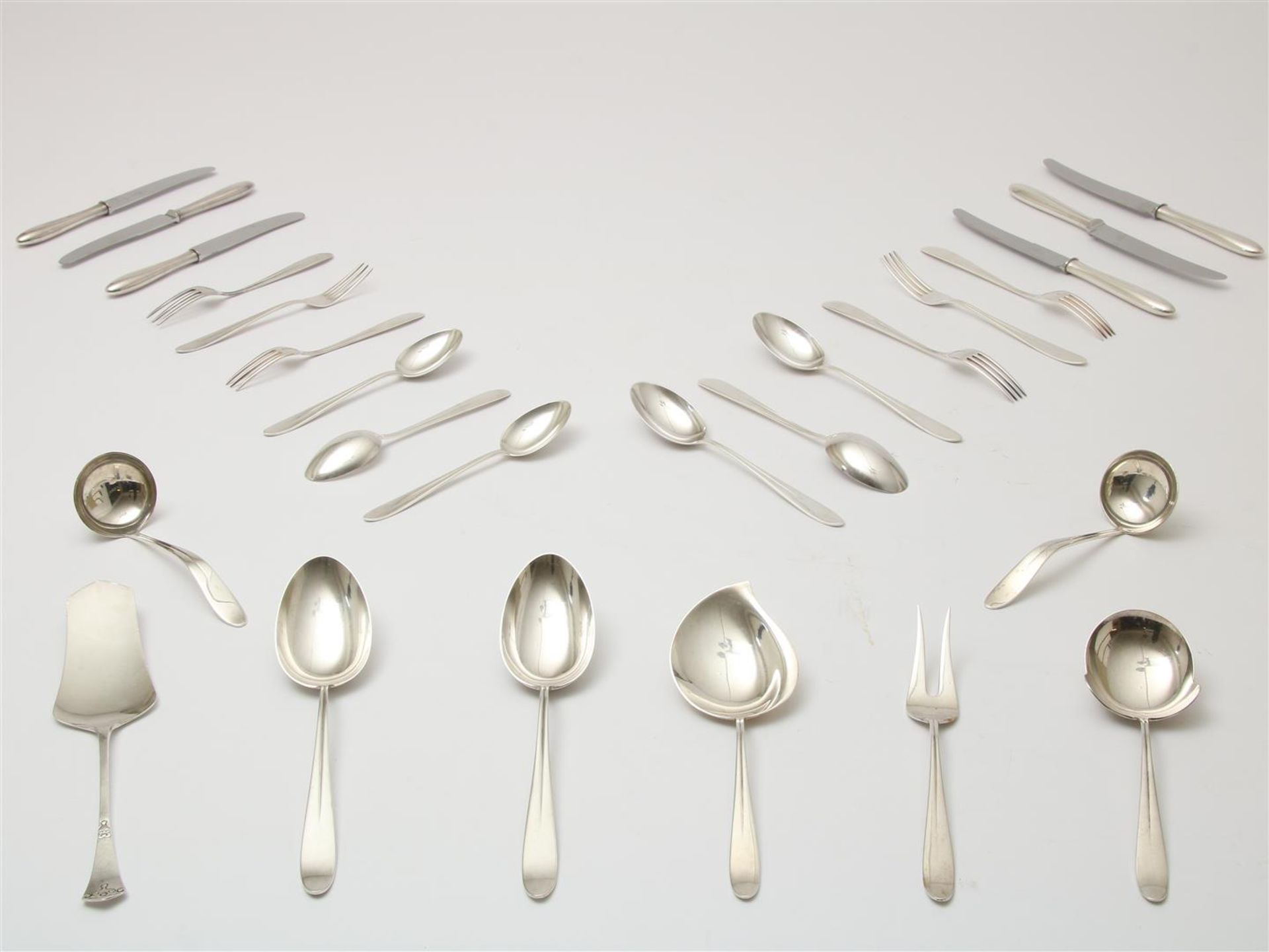 Extensive silver cutlery in cassette, 12 persons, model: 400, designer: Gustav Beran, for: Van