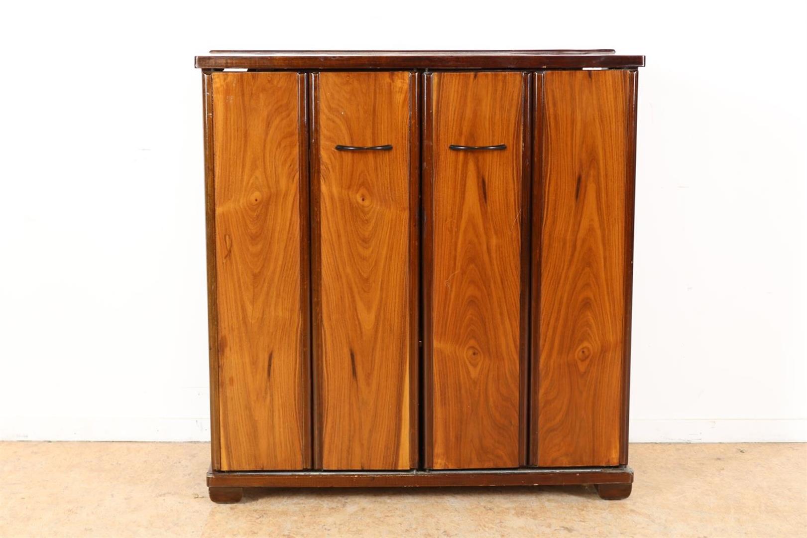 Mahogany veneered shoe cabinet with 2 shutter doors and internal drawer and sloping shelves, 83 x 90