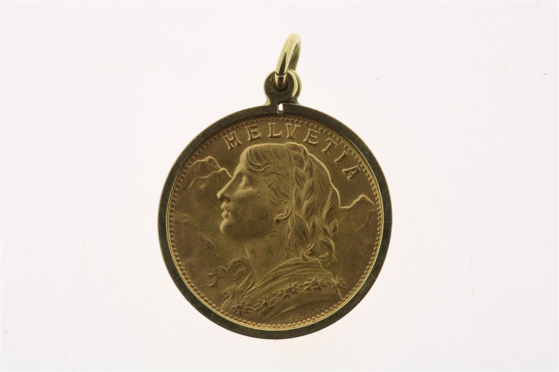 Gold 20 Swiss francs with image of woman Vreneli, 1949, in yellow gold frame, gross weight 7.7