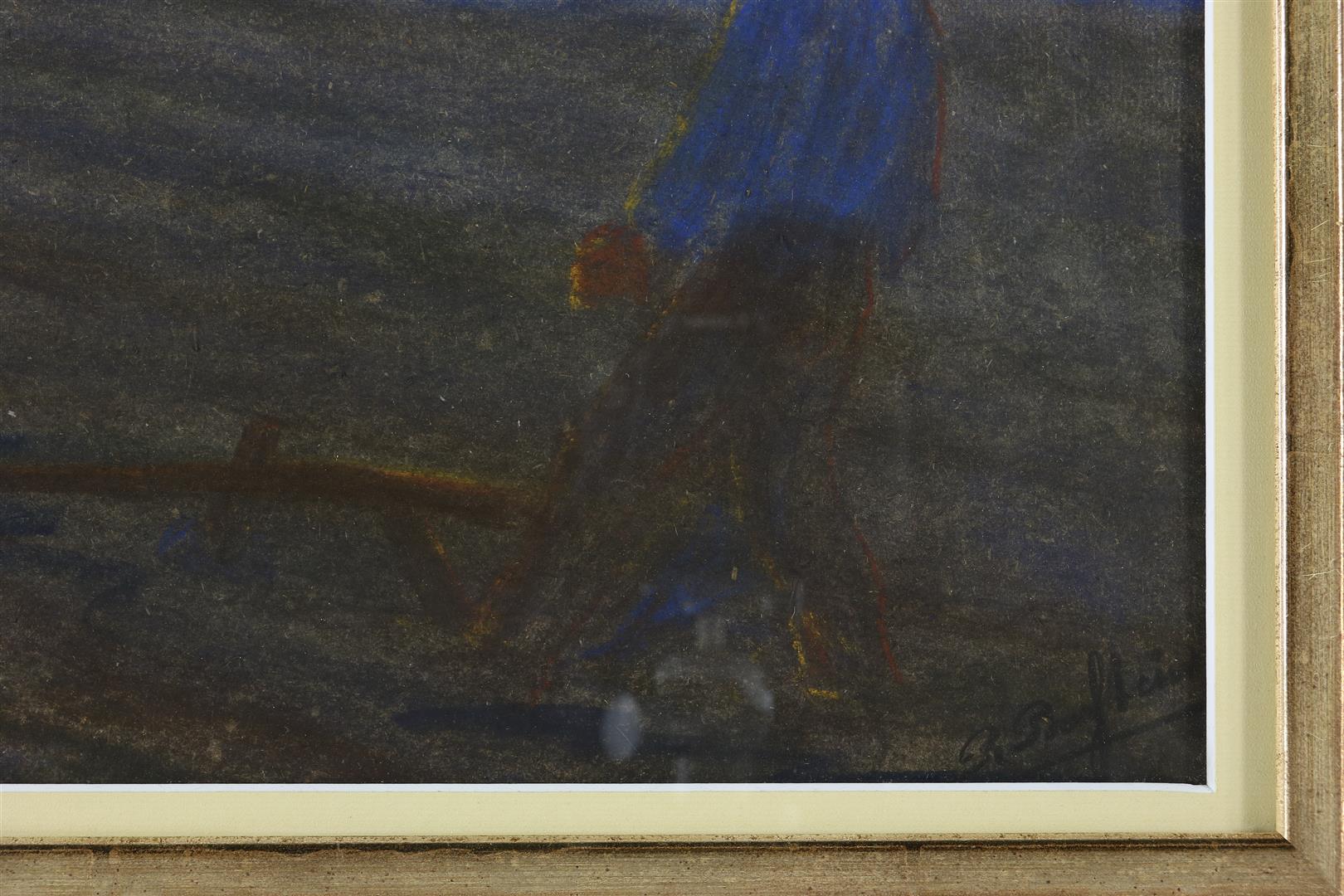 Farmer and man plowing along the cornfields, unclearly signed and dated 1922 lower right, gouache 40 - Image 4 of 8