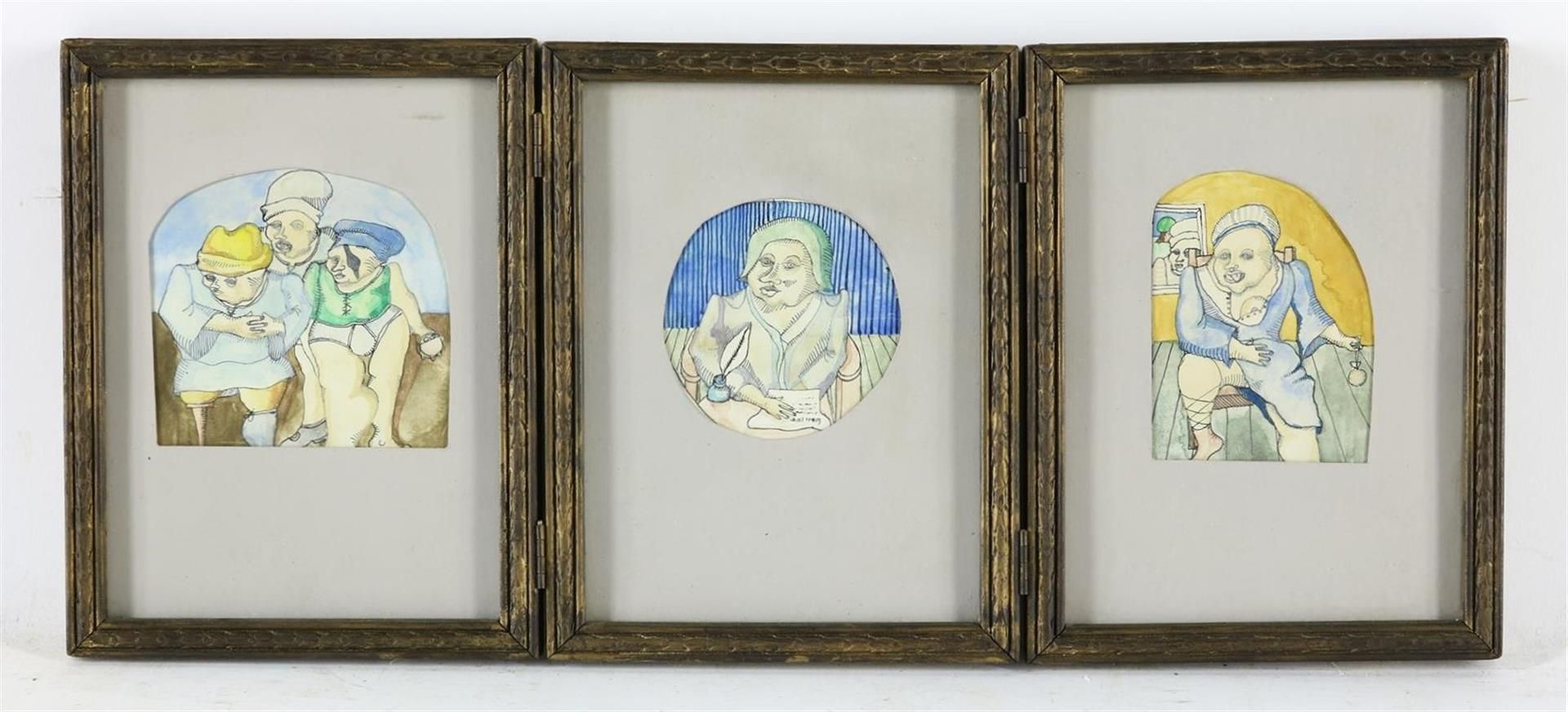 Figures in triptych, unsigned, ink/watercolour, 8.5 x 9 cm, 7 x 7 cm and 8.5 x 6 cm. - Image 2 of 3