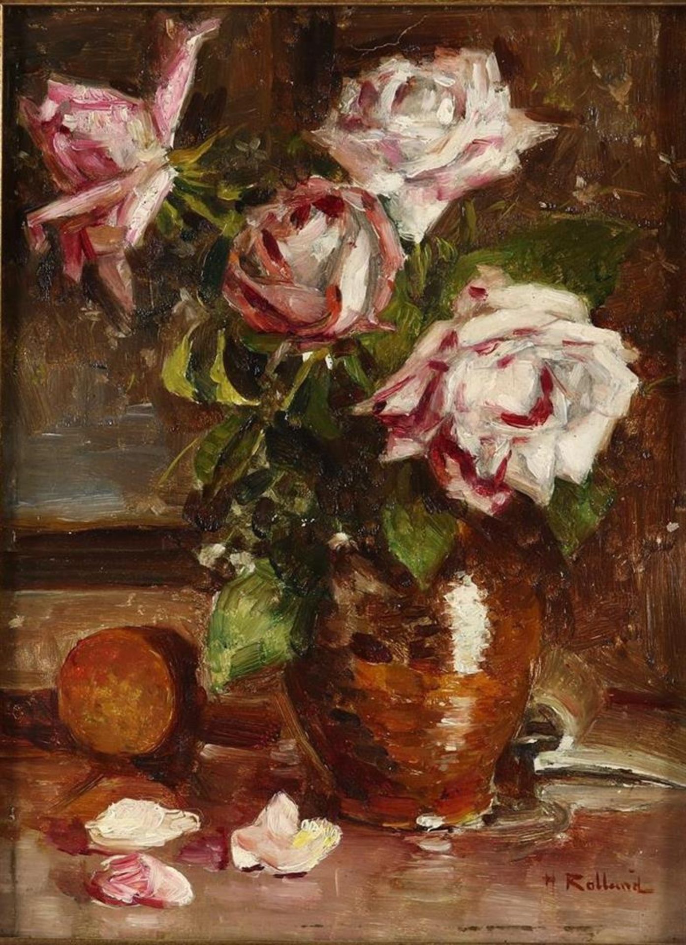 Henri Rolland (1897-1941) Still life with roses, signed lower right. Panel 35 x 26 cm.