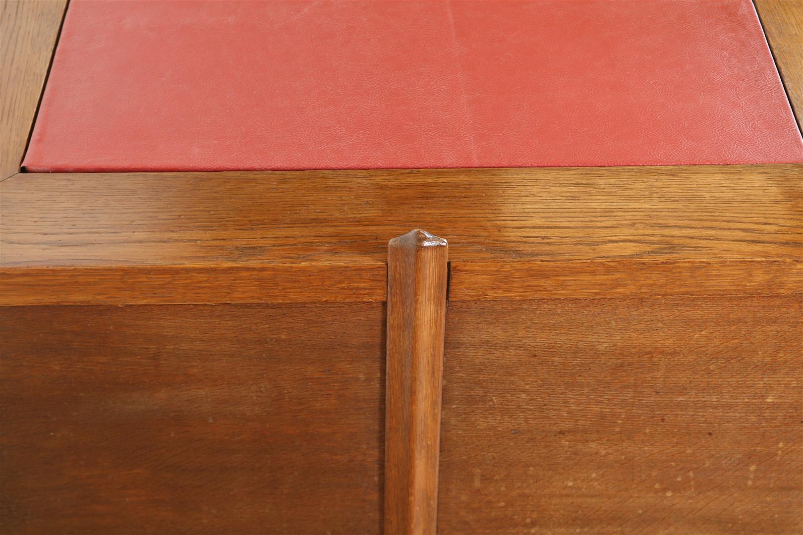 Oak Amsterdam school desk with red leather top, plinth drawer and 2 panel doors and interior with - Image 4 of 5