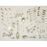 Various silver, including a potato spoon, a wet fruit scoop, various teaspoons, birth spoon and