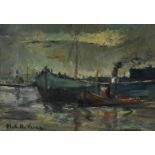 Hubert Vries De (1899-1979) Sailboat and steamboat in harbour, signed lower left, canvas 34 x 48